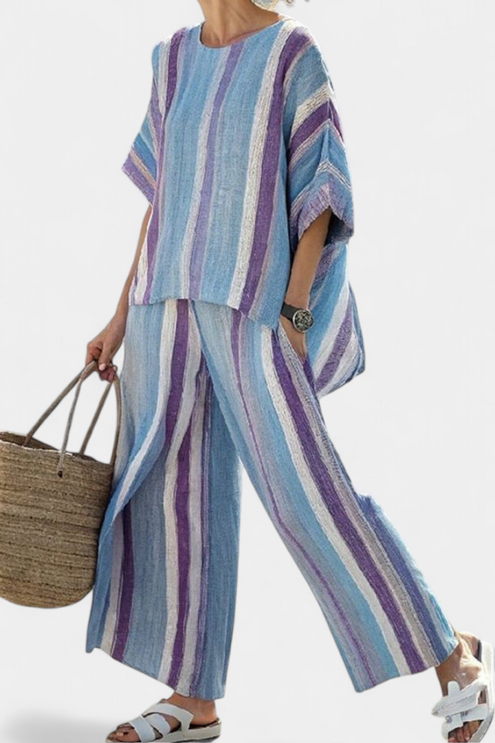 Faelith | Elegant Mauve Pastel Top & Striped Pants